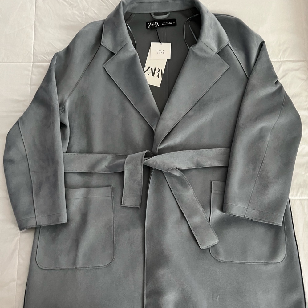 Zara faux suede stretch duster jacket - blue/grey - size medium - New with Tags